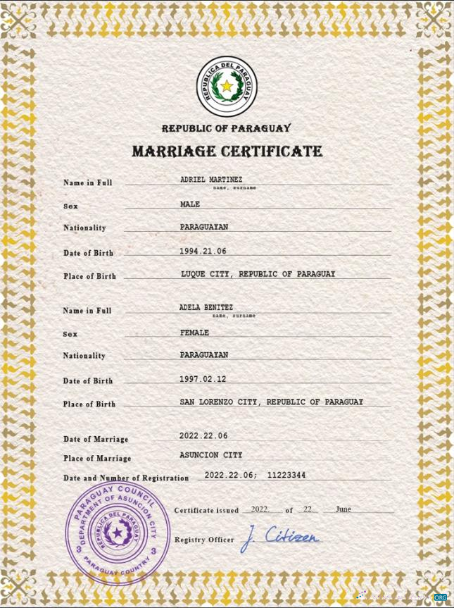 Download Paraguay marriage certificate PSD template Photoshop template